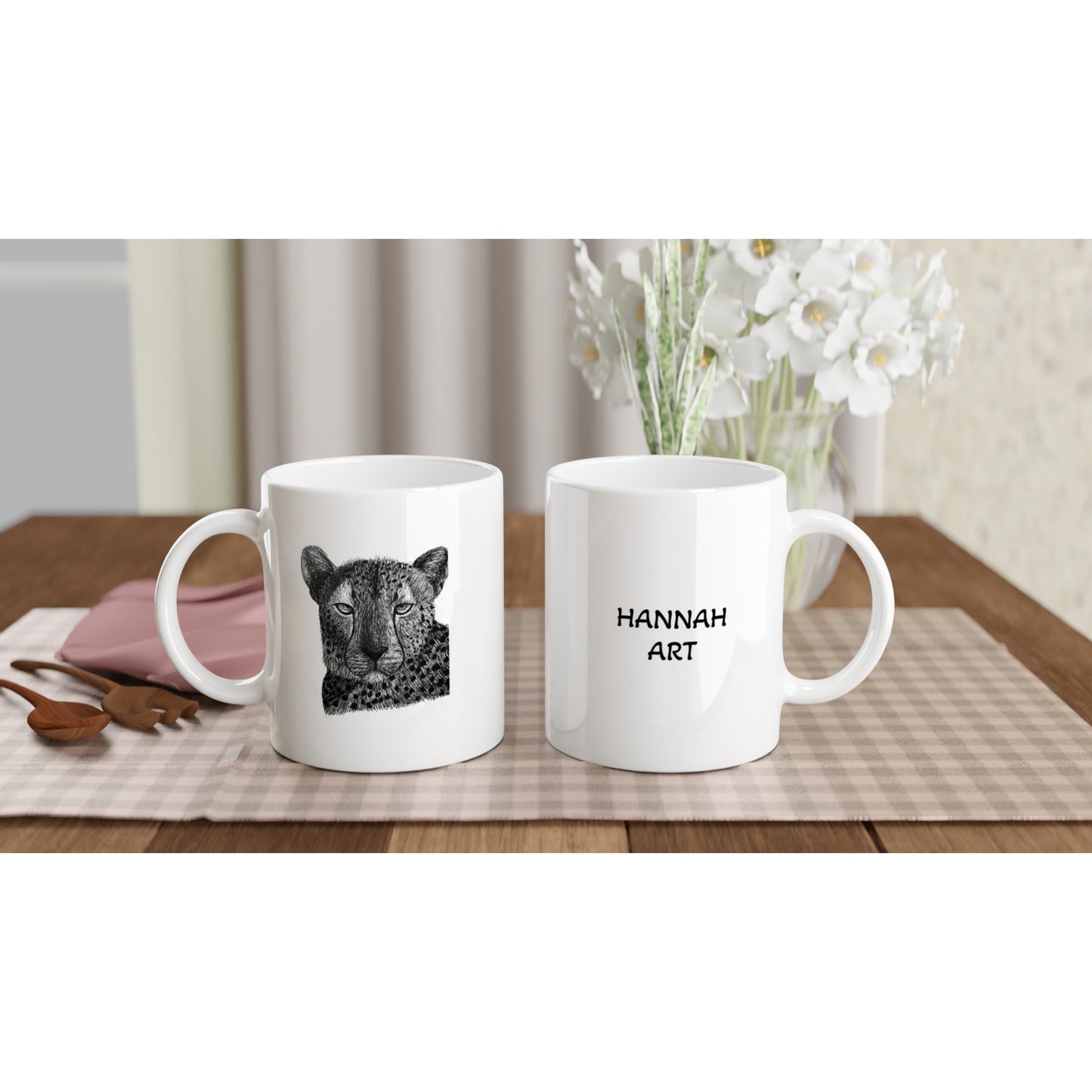 11oz white ceramic mug featuring a stunning cheetah design