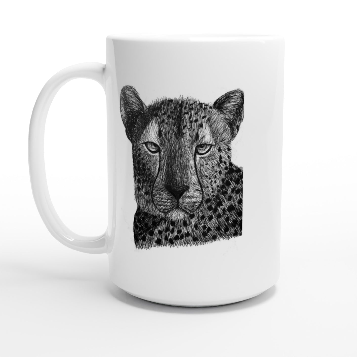15oz white ceramic mug featuring a stunning cheetah design